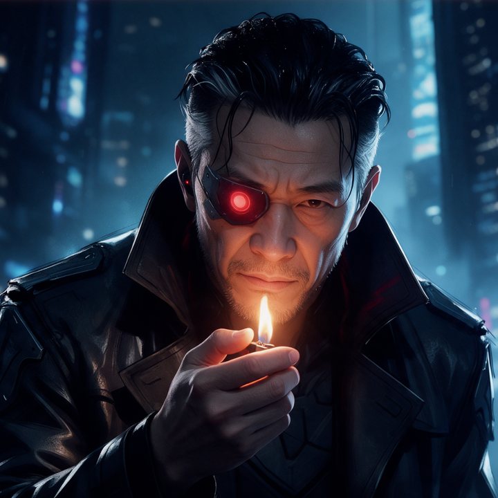 Kuroda, agent with a red cybernetic eye, lighting a lighter in the neon rain, painted portrait · cyberpunk character from the indie video game Sector 7, AI-generated character design