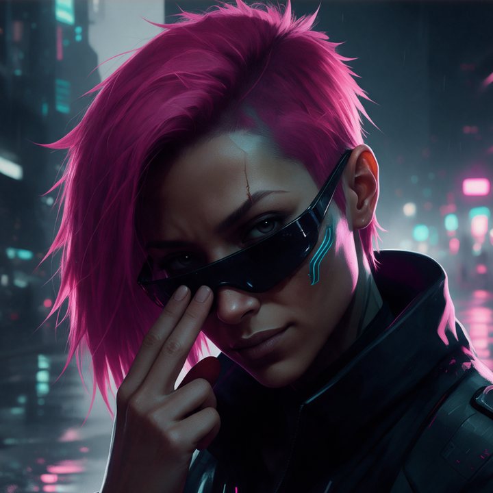 Mendes, pink-haired agent, lowering her dark glasses in the neon rain, painted portrait · cyberpunk character from the indie video game Sector 7, AI-generated character design