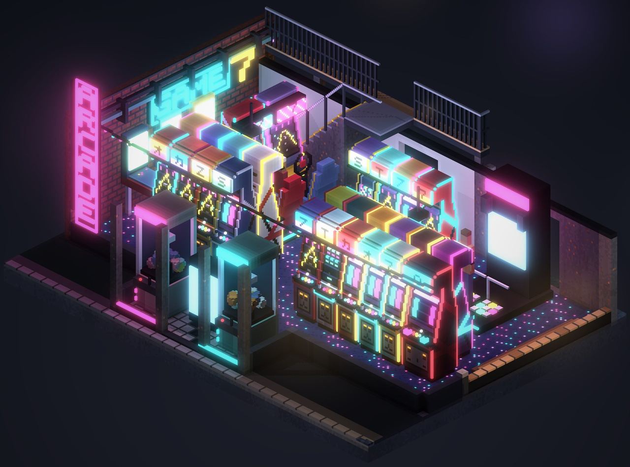 Shop d'arcade voxel avec ses bornes
