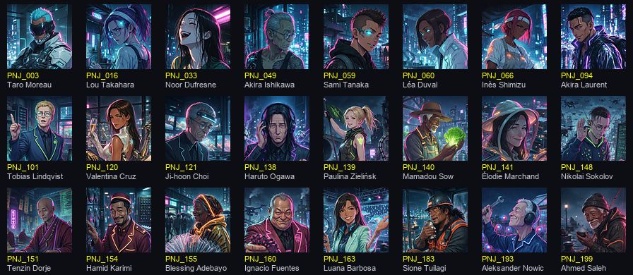 Sheet of Manga Cinema portraits of Sector 7 residents · cyberpunk character from the indie video game Sector 7, AI-generated character design